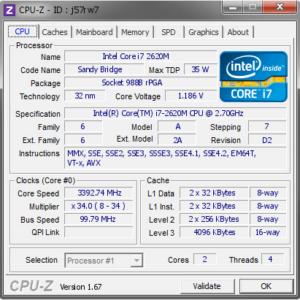 Thông số kỹ thuật CPU Intel core i7 2620M