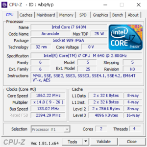 Thông số kỹ thuật CPU Intel core i7 640M